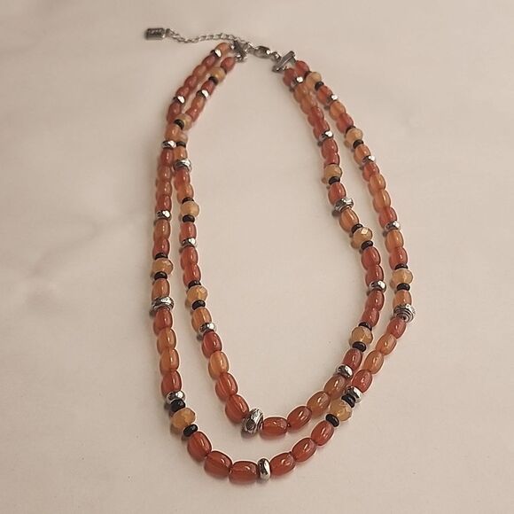 Chaps Double Strand Beaded Necklace Orange Black and Silver Tone Beads - Picture 1 of 5